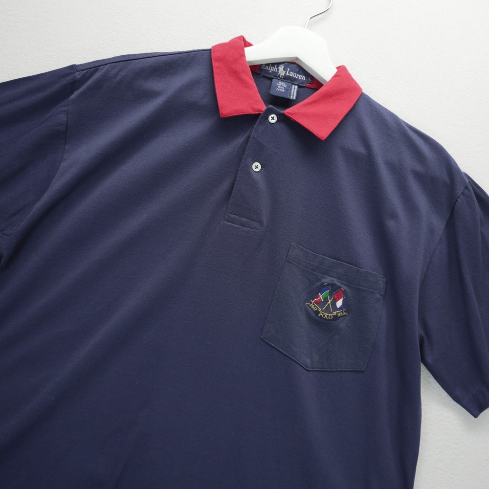Ralph Lauren Polo Shirt Mens L Navy Blue Red Collar Flag Crest 1988 VTG HongKong